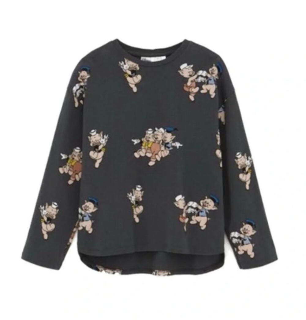 Zara x Disney '3 Little Pigs' Graphic Long Sleeve Tee in GRAY (10)